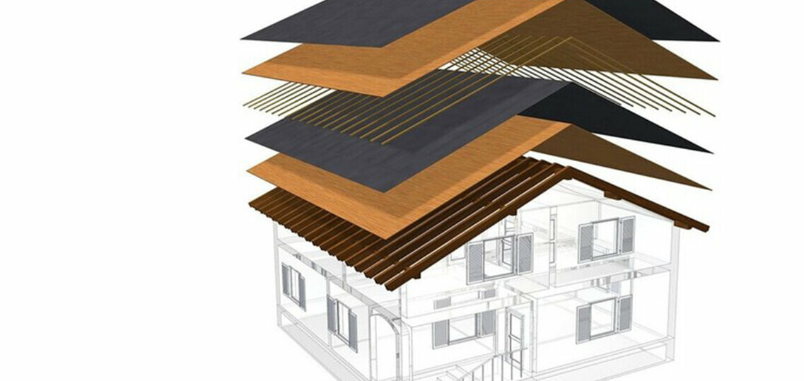 Technické znázornenie skladby studenej strechy, viacplášťová strecha s latovaním, celoplošné debnenie, separačná vrstva, krov; podkrovie je možné využívať ako obytný priestor; dvojplášťová strecha, odvetrávaná strešná konštrukcia; kontralatovanie