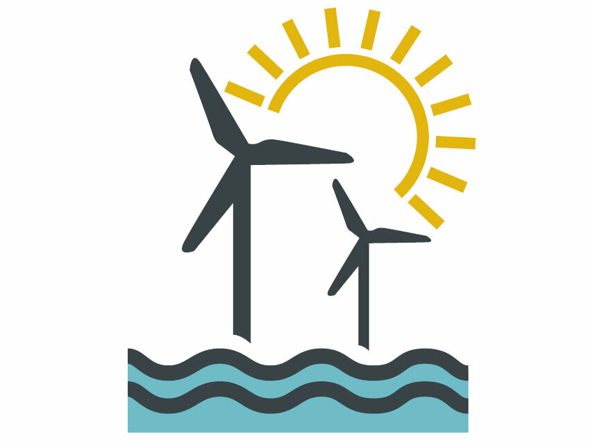 Štylistický obrázok s veternými kolesami, slnkom a vodou na znázornenie ekologického prúdu