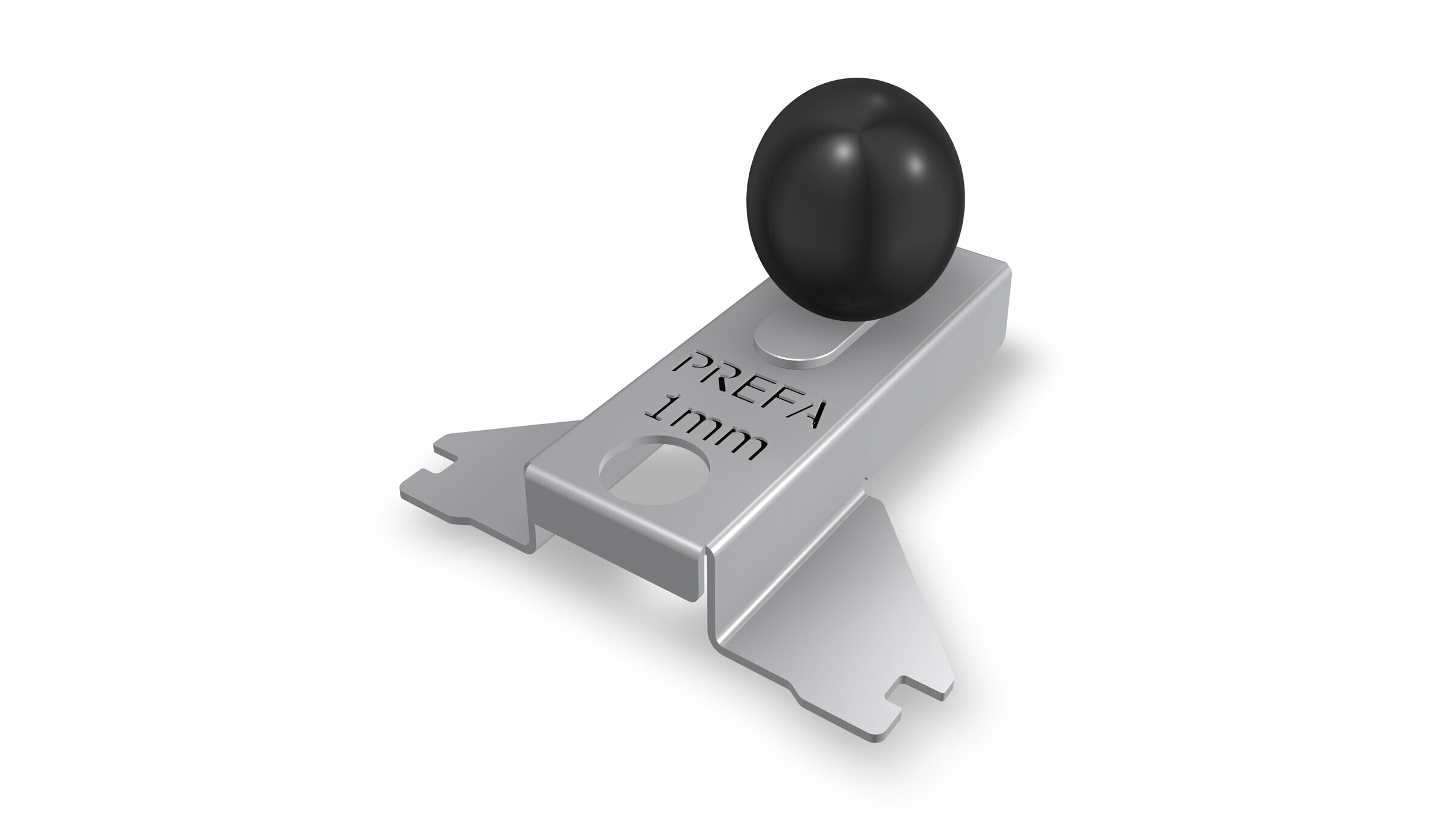 Das Bild zeigt eine Montagehilfe für einen Sturmsicherungsclip von PREFA, spezifiziert mit einer Dicke von 1 mm. Diese Hilfsmittel sind Teil des Befestigungssystems von PREFA für das Fassadenpaneel Siding.X. Am Produkt ist die Marke „PREFA“ sowie die angegebene Dicke eingraviert.