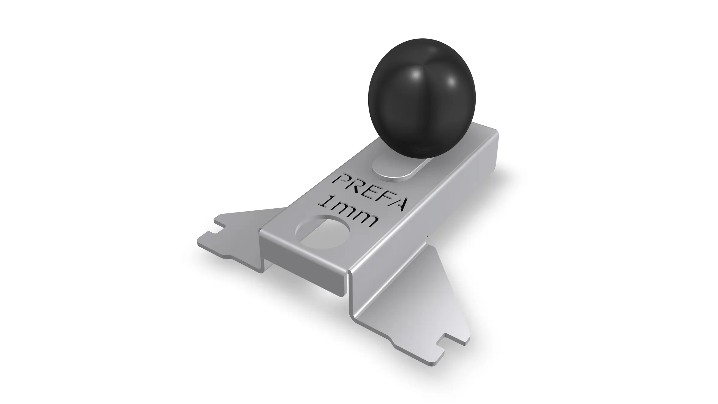 Das Bild zeigt eine Montagehilfe für einen Sturmsicherungsclip von PREFA, spezifiziert mit einer Dicke von 1 mm. Diese Hilfsmittel sind Teil des Befestigungssystems von PREFA für das Fassadenpaneel Siding.X. Am Produkt ist die Marke „PREFA“ sowie die angegebene Dicke eingraviert.