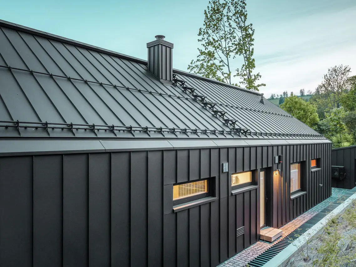 Das Bild zeigt ein Einfamilienhaus mit einem Dach und einer Fassade aus PREFALZ, Farbton P.10 Schwarz.
