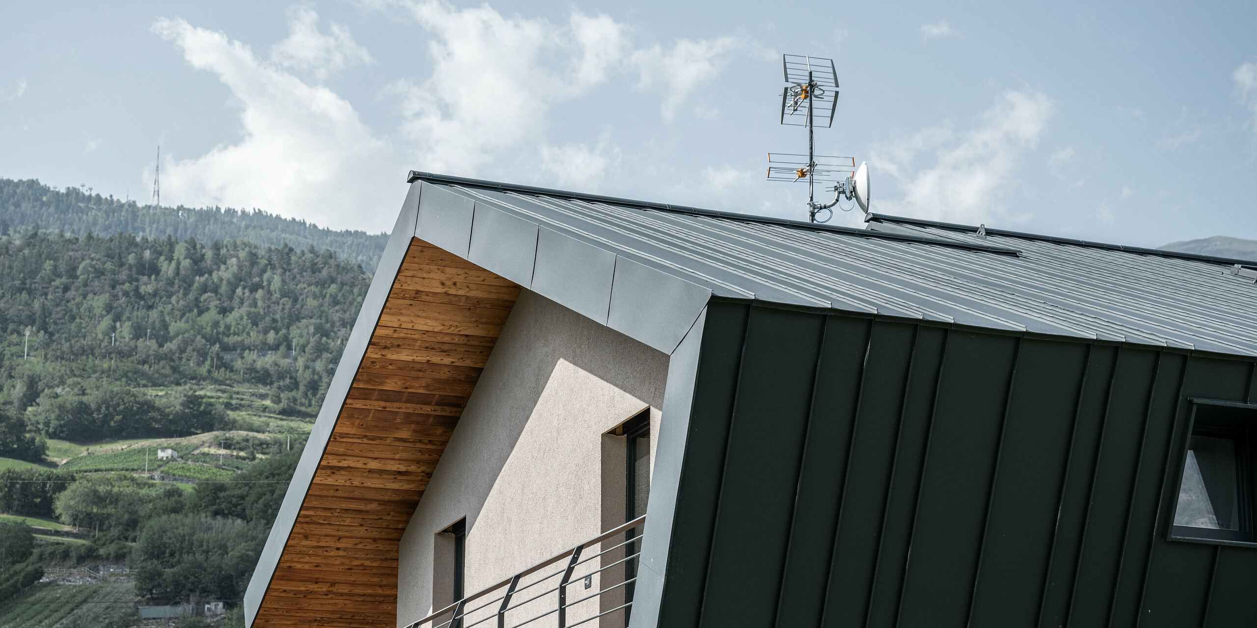 Bočný pohľad na vilu Tia v Taliansku s jednoduchou šikmou strechou. Hliníkový obklad so stojatou drážkou sa tiahne cez odkvapovú rímsu na fasádu v rôznych šírkach. Opláštenie bolo realizované s PREFALZ v elegantnej farbe P.10 antracitová. Viditeľné drevené prvky pod presahom strechy dodávajú architektúre teplo a spojenie s prírodou, zatiaľ čo precízne položené hliníkové prvky zabezpečujú moderný, odolný a na údržbu nenáročný vonkajší plášť.