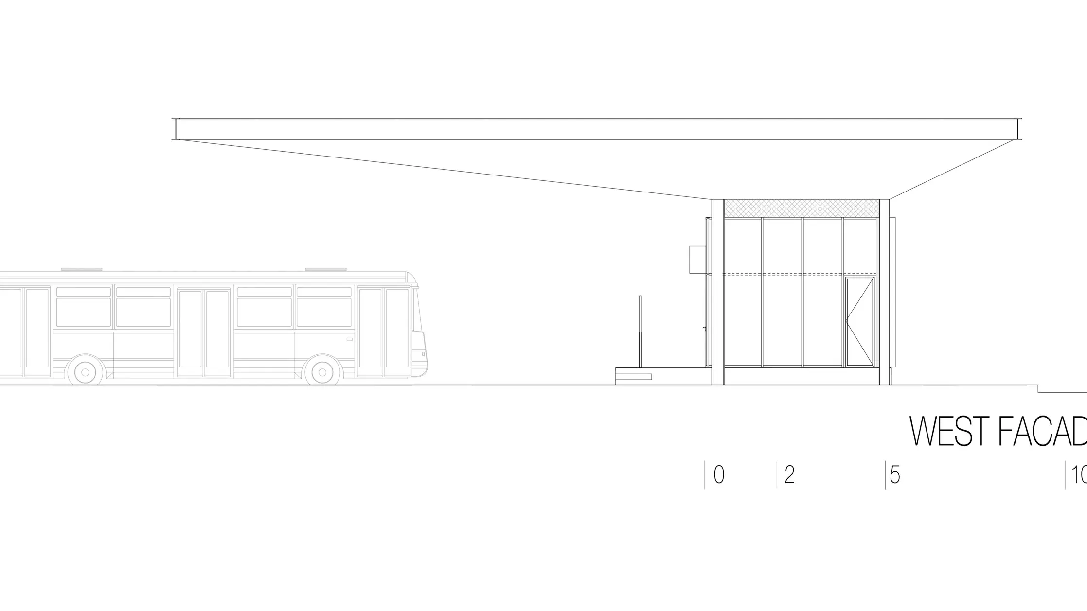 Kresba zobrazuje západný pohľad na autobusovú zastávku "Autobusni Kolodvor Slavonski Brod" v Chorvátsku. Na ilustrácii je zdôraznená dlhá horizontálna biela strecha PREFA Prefalz, ktorá vyčnieva nad priestor pod ňou. V pravej časti kresby je obdĺžniková budova s veľkými sklenenými plochami a jasnými líniami. Vľavo je autobus, ktorý zdôrazňuje proporcie zastávky vo vzťahu k vozidlu. Západný pohľad zdôrazňuje modernú a funkčnú architektúru autobusovej zastávky, ktorá vďaka kombinácii skla a hliníka vytvára svetlú a príjemnú atmosféru.