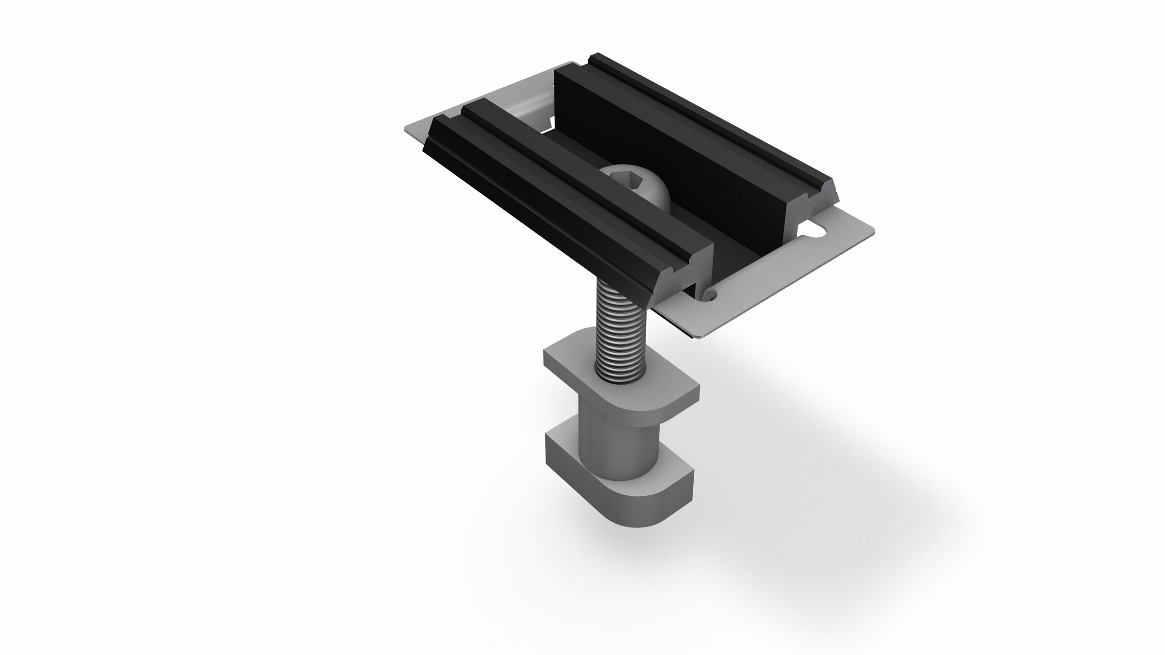 3D-Modell einer mittleren Klemme in Schwarz, eloxiert, dargestellt in einer Isometrischen Ansicht. Die Klemme besteht aus einer oberen und unteren Halterung verbunden durch eine zentrale Gewindestange mit einer Mutter und Unterlegscheibe. Die obere Halterung ist für die Befestigung von Photovoltaikanlagen vorgesehen, während die Basis die Montage auf einem PREFA Dachsystem ermöglicht.