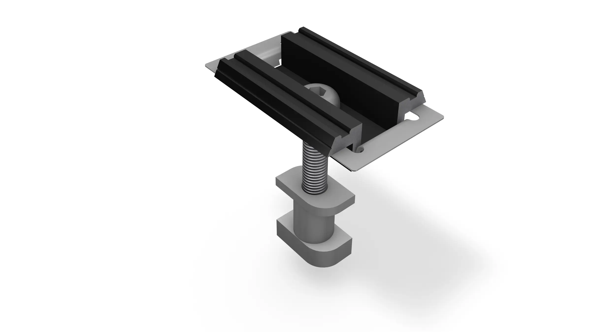 3D-Modell einer mittleren Klemme in Schwarz, eloxiert, dargestellt in einer Isometrischen Ansicht. Die Klemme besteht aus einer oberen und unteren Halterung verbunden durch eine zentrale Gewindestange mit einer Mutter und Unterlegscheibe. Die obere Halterung ist für die Befestigung von Photovoltaikanlagen vorgesehen, während die Basis die Montage auf einem PREFA Dachsystem ermöglicht.