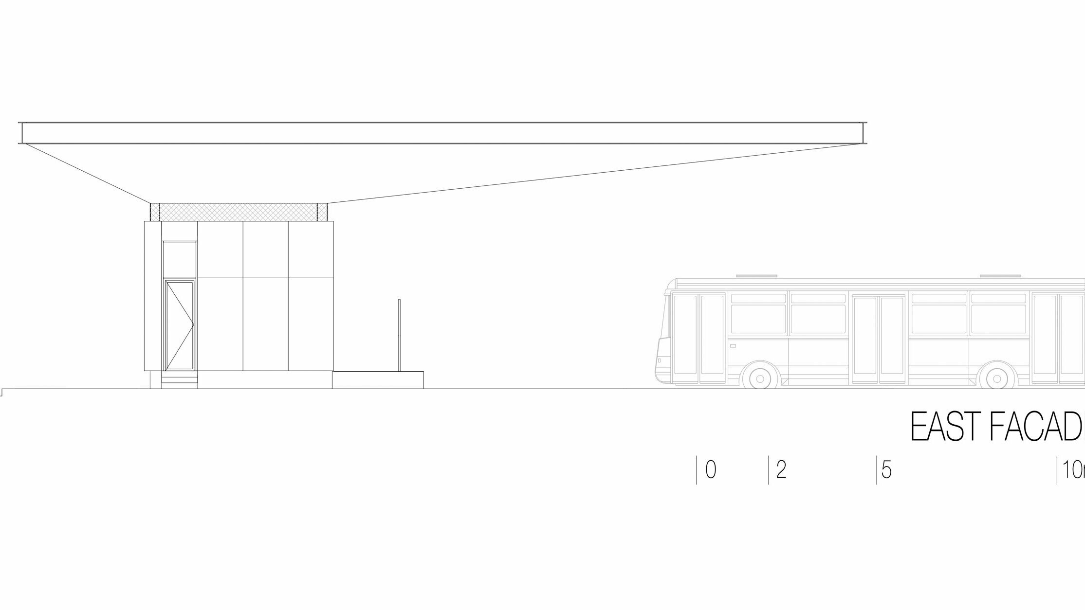 Kresba zobrazuje východný pohľad na autobusovú zastávku "Autobusni Kolodvor Slavonski Brod" v Chorvátsku. Ilustrácia zdôrazňuje štíhlu horizontálnu štruktúru bielej strechy PREFA Prefalz, ktorá sa tiahne po celej dĺžke budovy. Pod strechou sa nachádza obdĺžniková konštrukcia s jasnými líniami a veľkými sklenenými plochami. Na pravej strane kresby je vidieť autobus, ktorý zdôrazňuje proporcie zastávky vo vzťahu k vozidlu. Východný pohľad zdôrazňuje modernú a funkčnú architektúru autobusovej zastávky, ktorá vďaka použitiu skla a hliníka vytvára svetlú a príjemnú atmosféru.