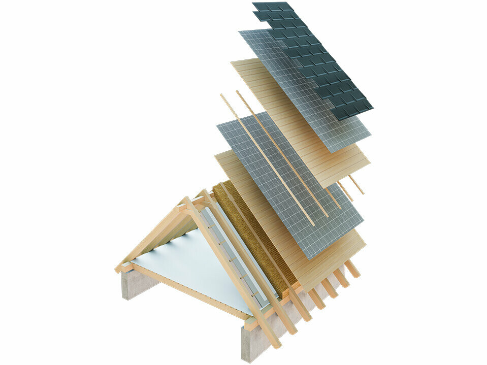 Technické znázornenie skladby studenej strechy, viacplášťová strecha s latovaním, celoplošné debnenie, separačná vrstva, krov; podkrovie je možné využívať ako obytný priestor; dvojplášťová strecha, odvetrávaná strešná konštrukcia; kontralatovanie