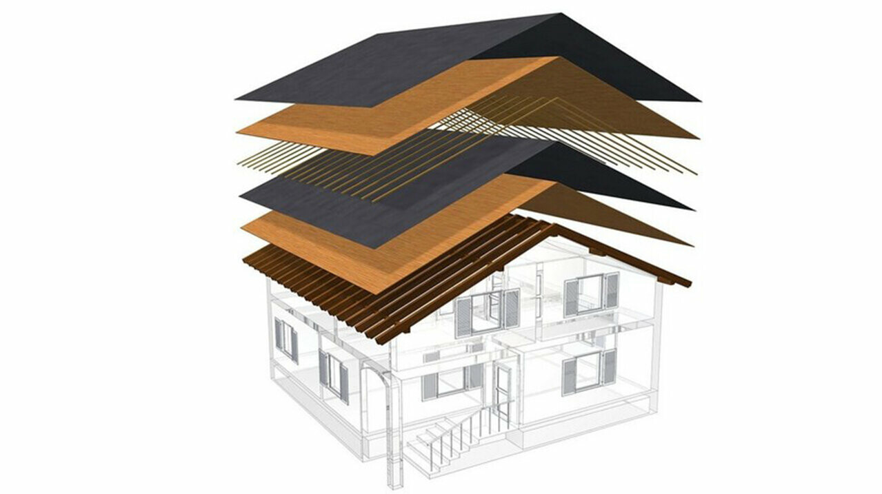 Technické znázornenie skladby studenej strechy, viacplášťová strecha s latovaním, celoplošné debnenie, separačná vrstva, krov; podkrovie je možné využívať ako obytný priestor; dvojplášťová strecha, odvetrávaná strešná konštrukcia; kontralatovanie