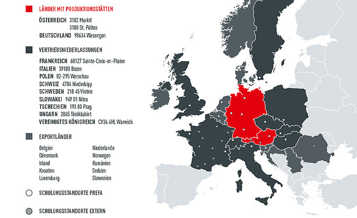 Legenda: Na mape Európy sú vyznačené výrobné závody PREFA, krajiny, obchodné zastúpenia a školiace strediská