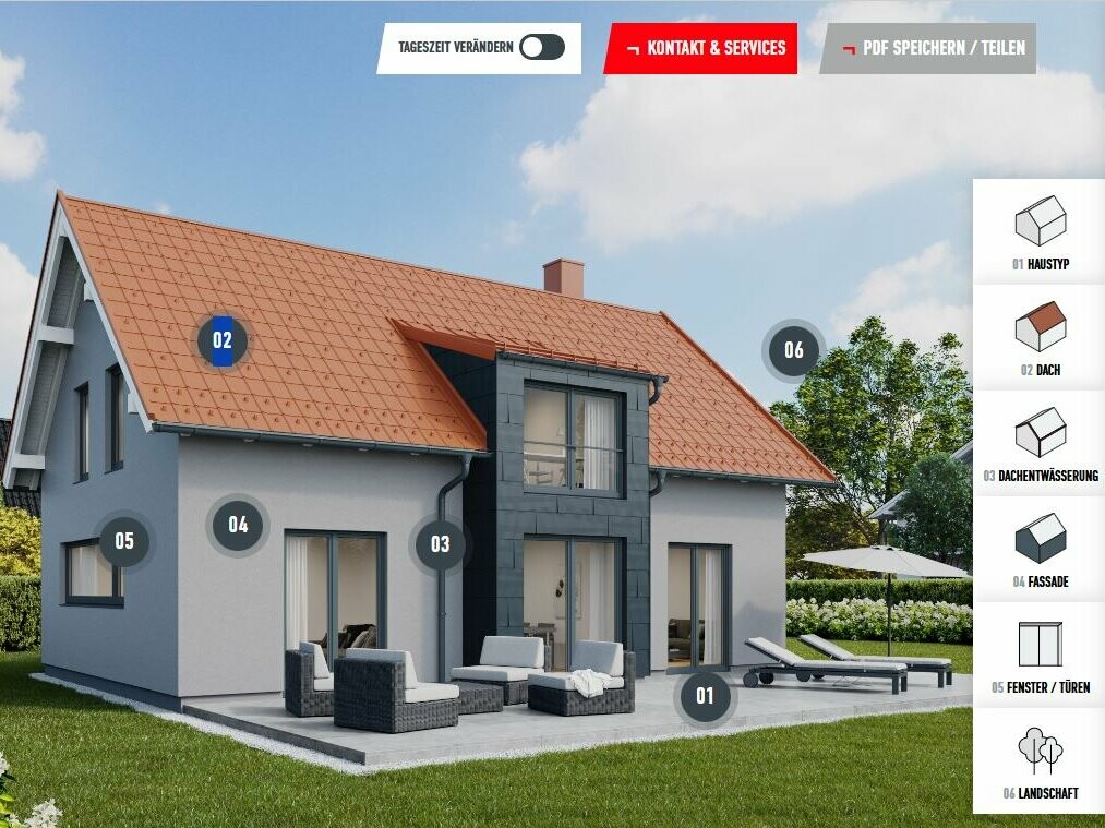 Konfigurátor fasád pre renováciu: Interaktívny pohľad na dom s možnosťou výberu variantov fasády, strechy a okien pre individuálne navrhovanie a plánovanie novej fasády.