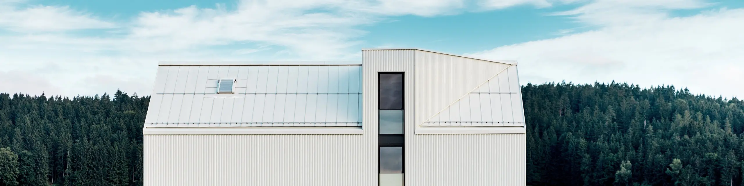 Obrázok zobrazuje rodinný dom vo Freistadte z bočného pohľadu, ktorý zdôrazňuje výraznú minimalistickú architektúru budovy. Fasáda z čisto bieleho hliníka PREFALZ a strmá sedlová strecha vytvárajú jasnú, modernú siluetu, ktorá harmonicky zapadá do zeleného prostredia. Veľké okenné plochy a elegantné vikierové okno zdôrazňujú funkčný dizajn, zatiaľ čo vysoko kvalitný hliníkový materiál zaručuje estetickú stálosť aj odolnosť voči poveternostným vplyvom. Budova vyžaruje nadčasovú eleganciu vďaka svojim jednoduchým tvarom a použitiu odolných materiálov a predstavuje dokonalú kombináciu architektúry a spojenia s prírodou.