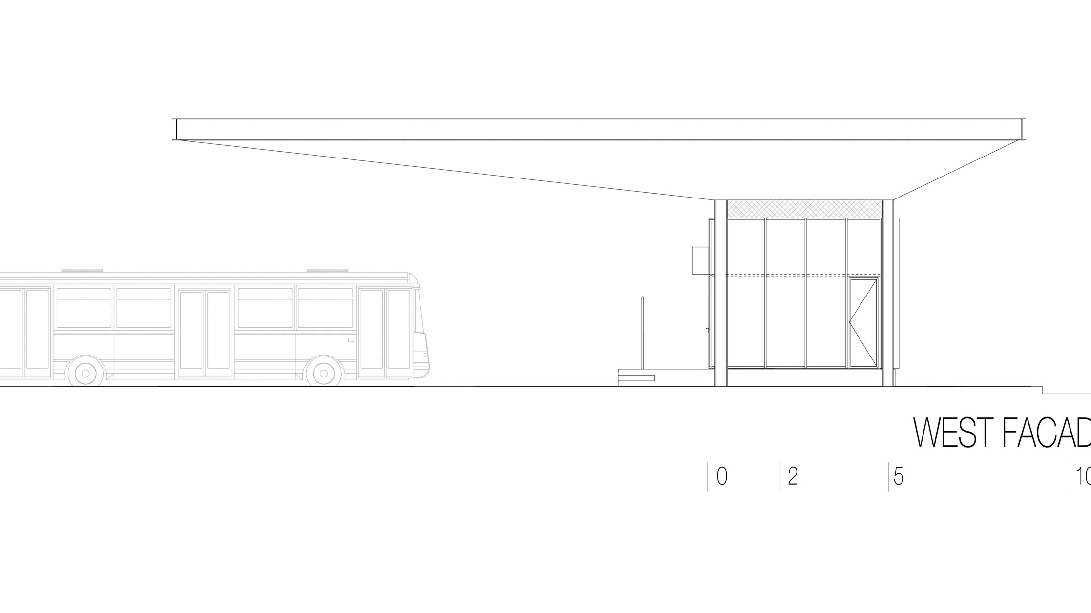 Kresba zobrazuje západný pohľad na autobusovú zastávku "Autobusni Kolodvor Slavonski Brod" v Chorvátsku. Na ilustrácii je zdôraznená dlhá horizontálna biela strecha PREFA Prefalz, ktorá vyčnieva nad priestor pod ňou. V pravej časti kresby je obdĺžniková budova s veľkými sklenenými plochami a jasnými líniami. Vľavo je autobus, ktorý zdôrazňuje proporcie zastávky vo vzťahu k vozidlu. Západný pohľad zdôrazňuje modernú a funkčnú architektúru autobusovej zastávky, ktorá vďaka kombinácii skla a hliníka vytvára svetlú a príjemnú atmosféru.