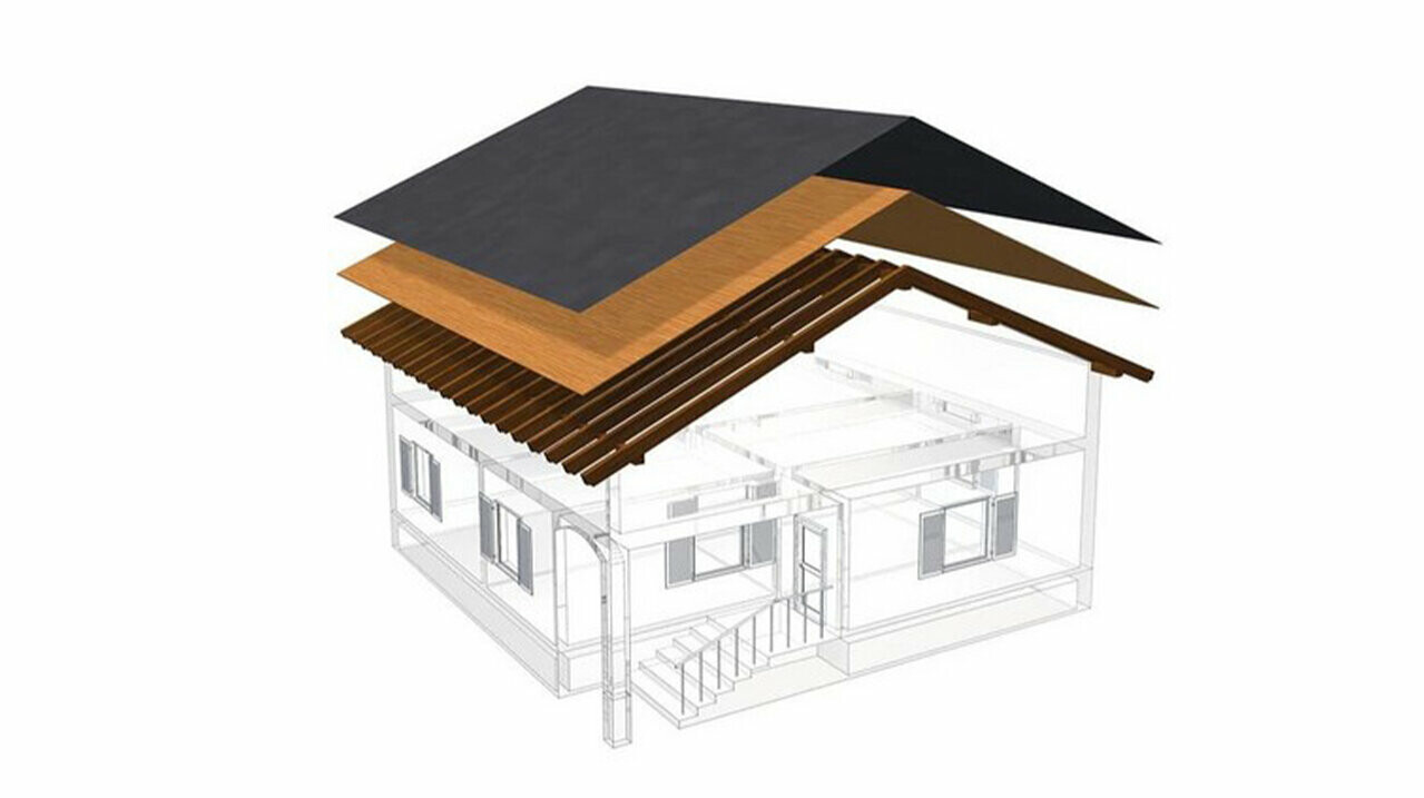 Technické vyobrazenie PREFA jednoplášťovej strechy – podkrovie nemôže byť obývané, nakoľko slúži ako odvetrávacia vrstva pre kovovú strechu; celoplošné debnenie a separačná vrstva bez latovania; teplá strecha