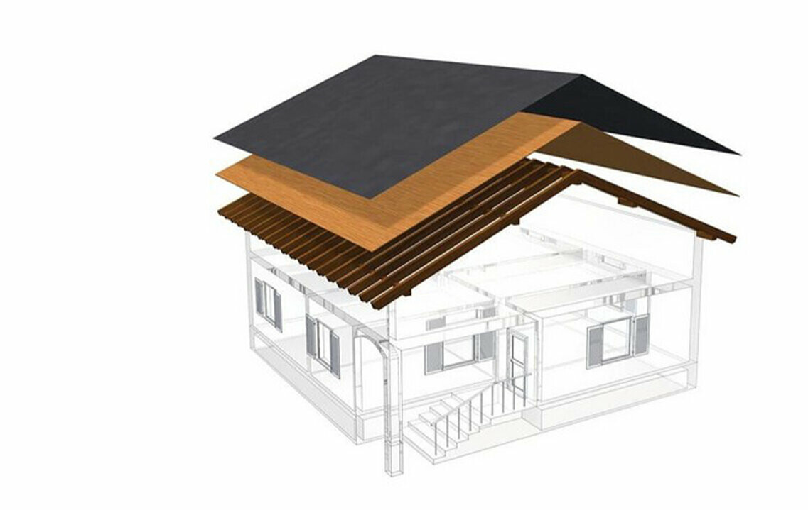 Technické vyobrazenie PREFA jednoplášťovej strechy – podkrovie nemôže byť obývané, nakoľko slúži ako odvetrávacia vrstva pre kovovú strechu; celoplošné debnenie a separačná vrstva bez latovania; teplá strecha
