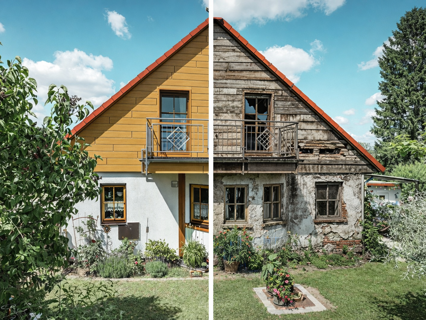 Fotografické znázornenie domu s dvoma odlišnými fasádami: Na ľavej strane je moderná, dobre udržiavaná fasáda s hliníkovou fasádou PREFA v drevenom vzhľade, zatiaľ čo na pravej strane je fasáda, ktorá si vyžaduje renováciu, je poškodená poveternostnými vplyvmi, má rozbité okná a odlupujúcu sa farbu. Jasná deliaca čiara vyznačuje prechod medzi týmito dvoma stavmi pod jasne modrou oblohou.