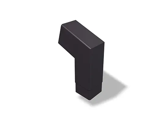 PREFA štvorcové koleno 72° (krátke), dostupné vo veľkostiach 80 a 100 mm, s rozmermi 196 x 196 mm (viditeľné). Toto kompaktné koleno umožňuje presnú zmenu smeru pri inštalácii štvorcových zvodov v strešných a fasádnych systémoch.
