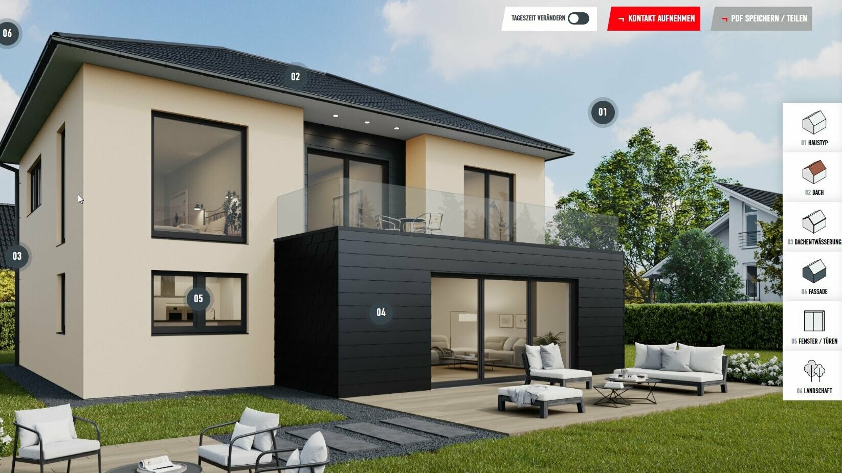 Príklad náhľadu konfigurácie rodinného domu s valbovou strechou obloženou strešnými šablónami PREFA 29 × 29 vo farbe P.10 čierna a fasádnymi šindľami. Dom je zasadený do obytnej oblasti predmestia.