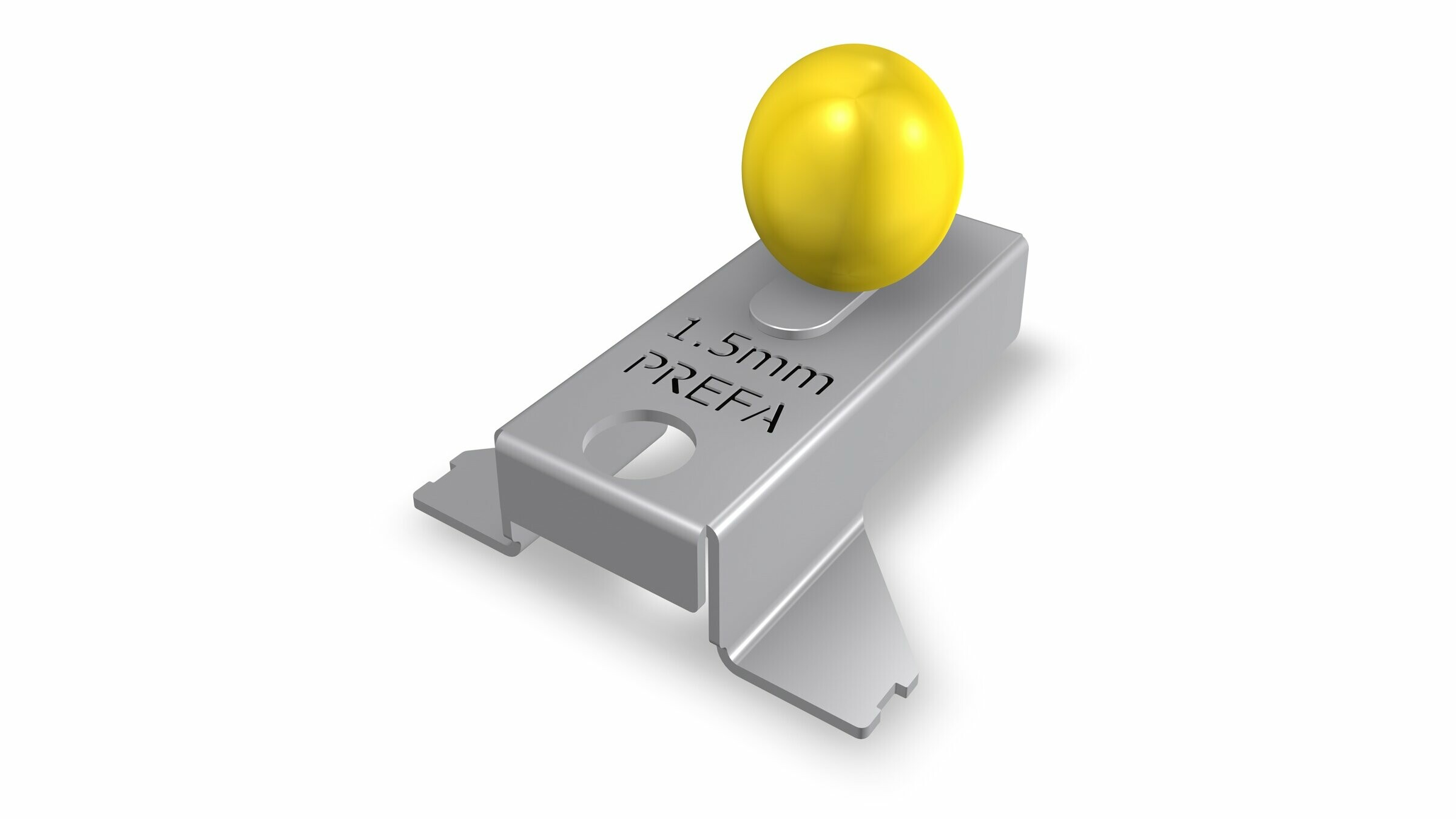 Das Bild zeigt eine Montagehilfe für Sturmsicherungsclips von PREFA. Das Produkt hat eine Dicke von 1,5 mm, wie deutlich auf der Oberfläche eingraviert ist. Die Montagehilfe ist mit einer auffälligen gelben Kugel ausgestattet. Das Werkzeug selbst ist in einem schlichten metallischen Farbton gehalten und besteht aus Aluminium, was auf die Spezialisierung der PREFA Aluminiumprodukte GmbH hinweist.