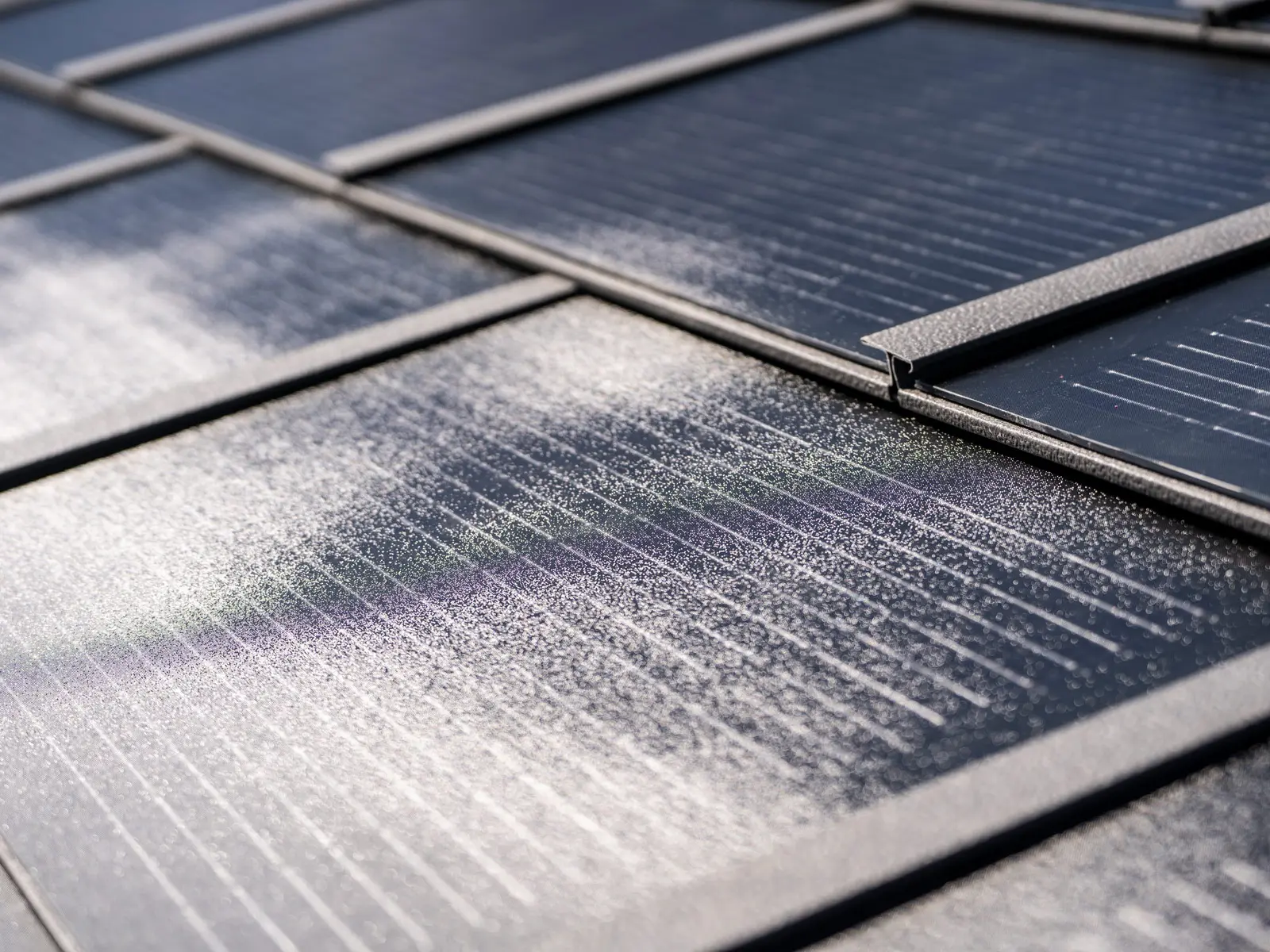 Detailný záber na nainštalovaný malý integrovaný solárny panel PREFA a strešný panel R.16 vo farbe P.10 tmavošedá
