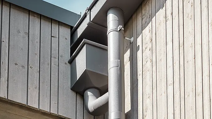 Detail strešného odvodňovacieho systému PREFA v tmavosivej farbe P.10 na bytovom dome v lokalite Schmucker v Utting am Ammersee. Moderný a funkčný odvodňovací systém dokonale zapadá do drevenej fasády budovy a zdôrazňuje vysokokvalitné spracovanie a prepracovaný dizajn. V centre pozornosti na obrázku je robustný box na zber vody a odvodňovacie potrubia, ktoré sú navzájom elegantne prepojené. Odolné materiály a precízna inštalácia hliníkových výrobkov PREFA zabezpečujú účinné odvodnenie a prispievajú k udržateľnej architektúre hybridnej drevenej budovy.