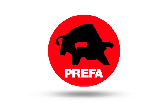 PREFA Logo, roter Kreis mit schwarzem Stier, auf weißem Hintergrund mit Schatten darunter;
