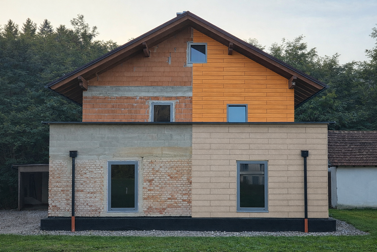 Fotoservis pre rekonštrukciu fasády: Profesionálne nafotená fotografia domu pred a po rekonštrukcii s rôznymi fasádnymi materiálmi na realistickú vizualizáciu riešení rekonštrukcie. (Obrázok upravený pomocou umelej inteligencie)