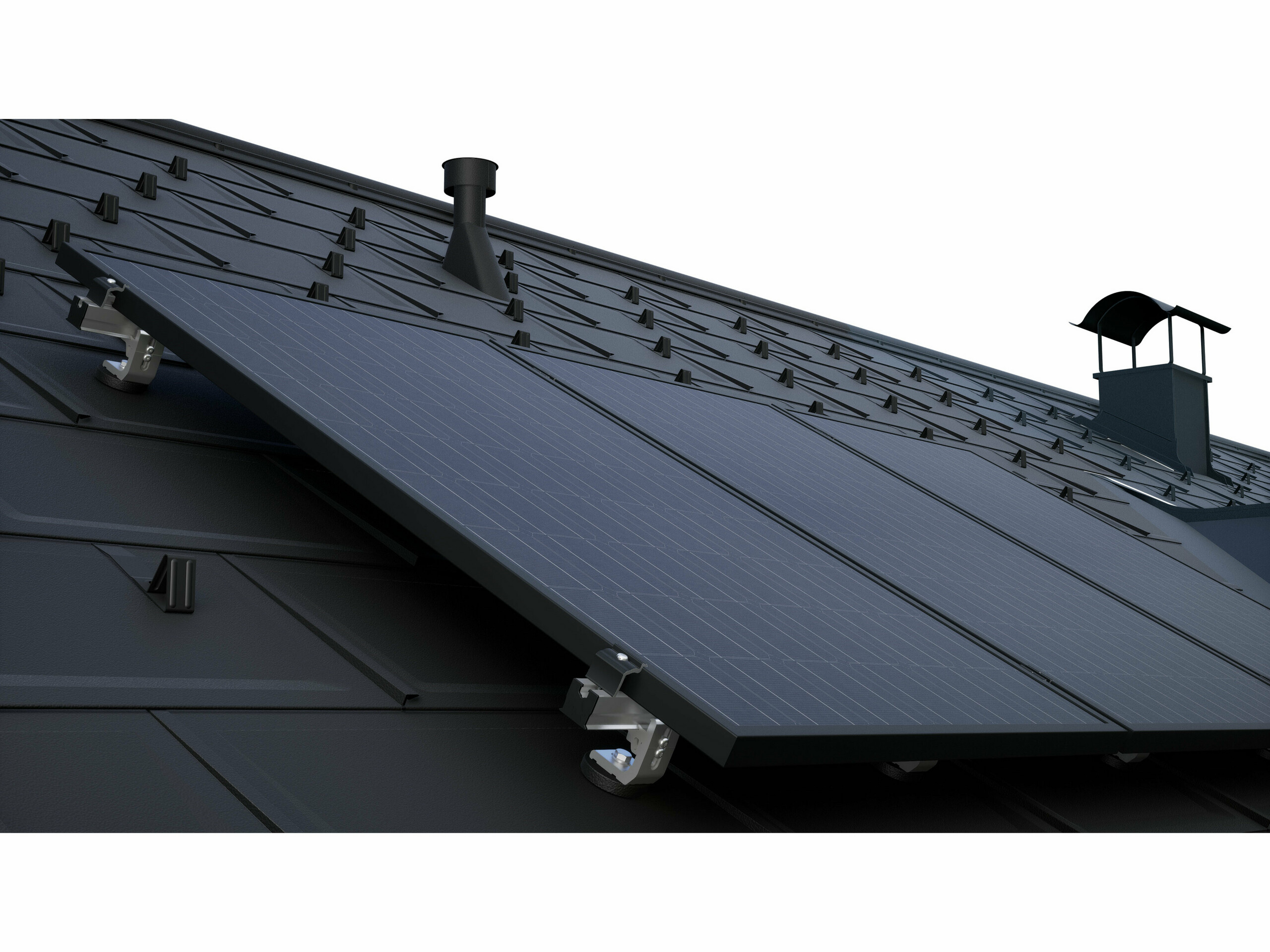 PV moduly namontované pomocou montážneho systému PREVARIO na tmavej streche PREFA s Strešný panel R.16.