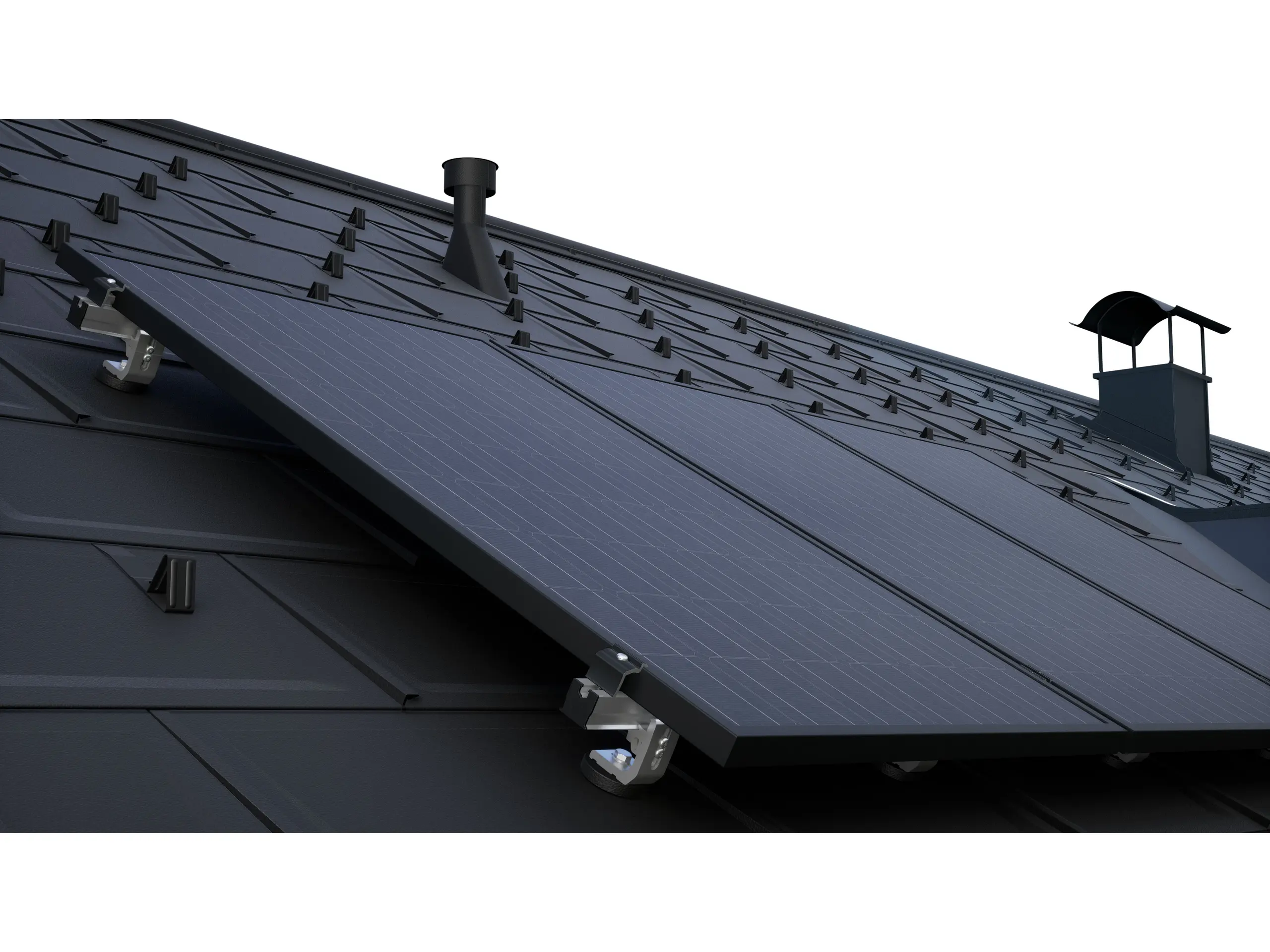 PV moduly namontované pomocou montážneho systému PREVARIO na tmavej streche PREFA s Strešný panel R.16.