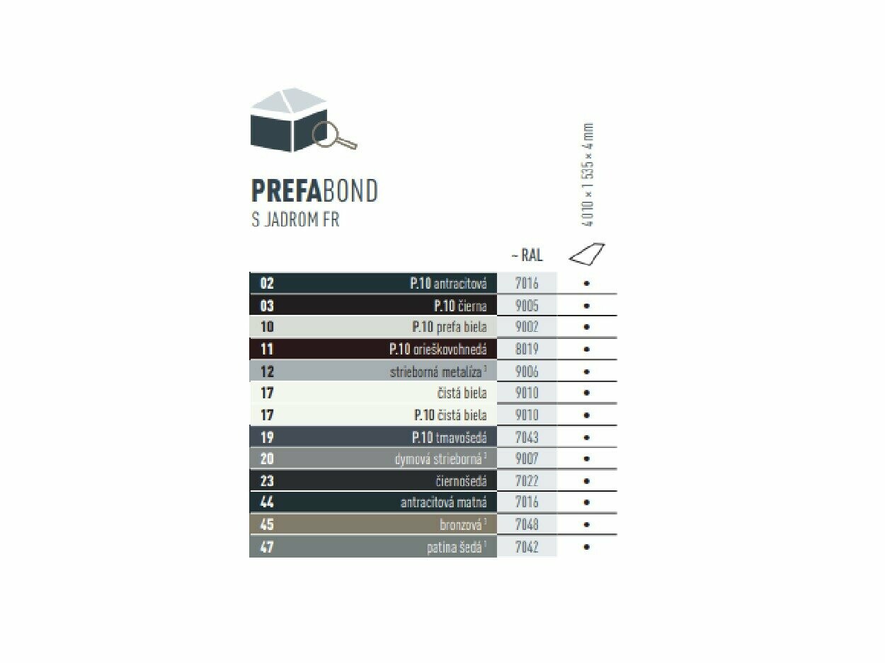 Tabuľka farieb, v ktorých je dostupný PREFABOND hliníkový kompozitný panel. PREFABOND hliníkový kompozitný panel existuje v rôznych farbách v prevedení P.10 a štandardných farbách.