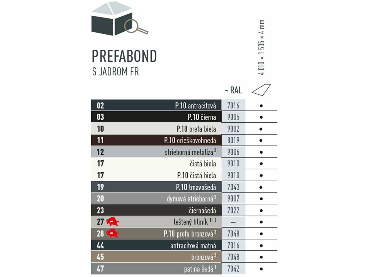 Tabuľka farieb, v ktorých je dostupný PREFABOND hliníkový kompozitný panel. PREFABOND hliníkový kompozitný panel existuje v rôznych farbách v prevedení P.10 a štandardných farbách.