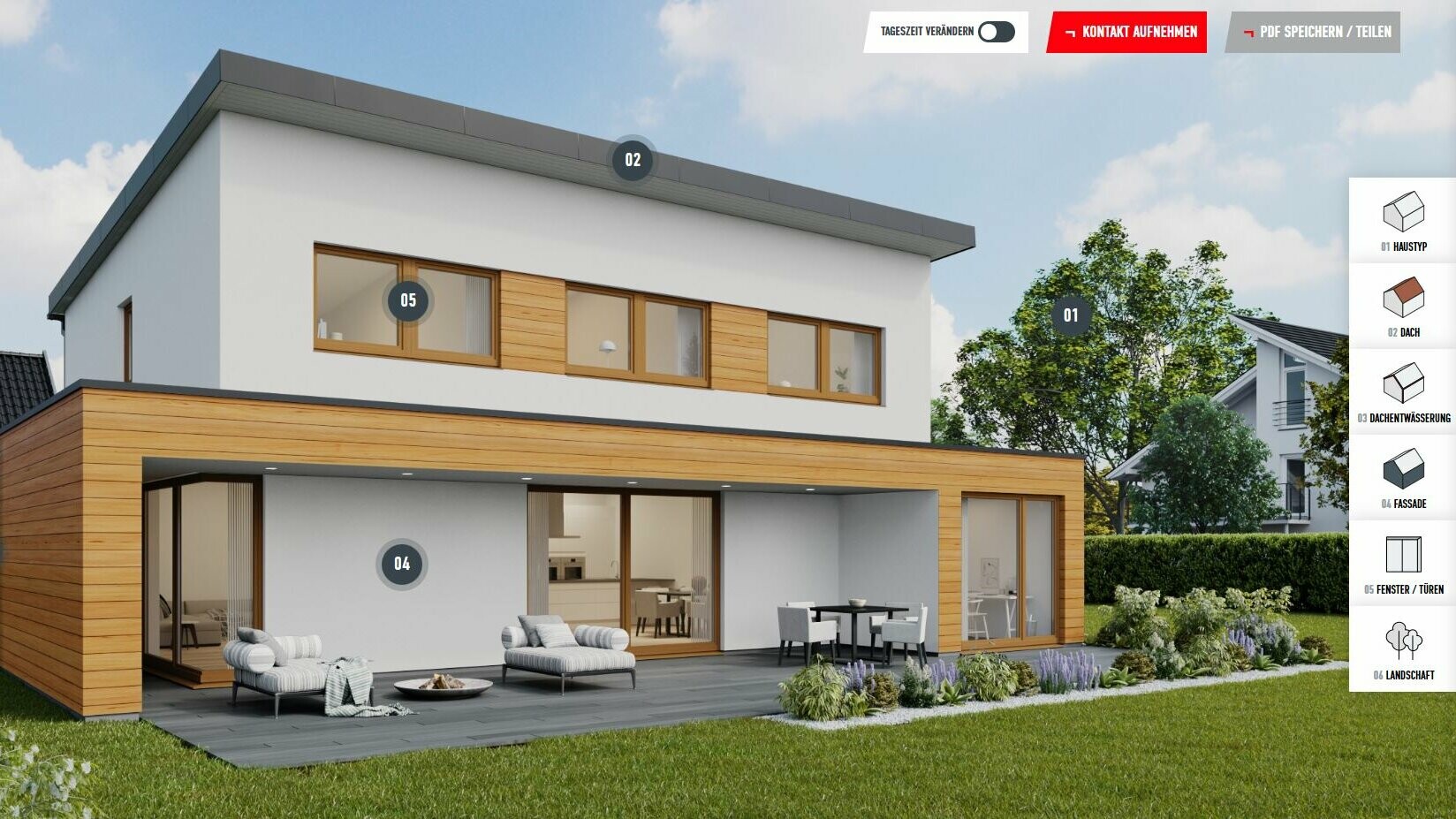 Príklad náhľadu konfigurácie rodinného domu s pultovou strechou vo farbe P.10 čierna vrátane drevených prvkov na fasáde. Dom sa nachádza v obytnej oblasti predmestia.
